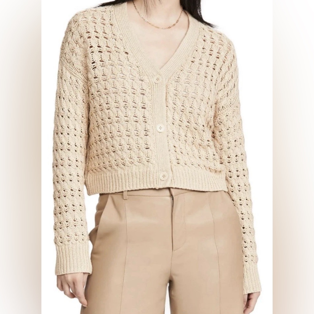 Vince Xs Open Cable Knit Vanilla Cream Cotton Crochet Button Cardigan Excellent